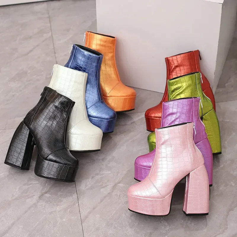 Crocodile PU Leather Neon Green Shiny Pink Platform Women Winter Warm Shoes Zipper Block Thick High Heels Ankle Chelsea Boots