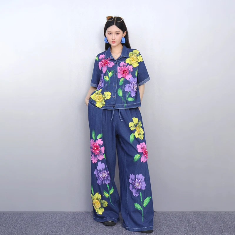 WTHT 빈티지 2025 여름 여성 정장 인쇄 반팔 데님 코트 드로잉 탄성 높은 허리 스트레이트 진 세트 여성 1LS1917