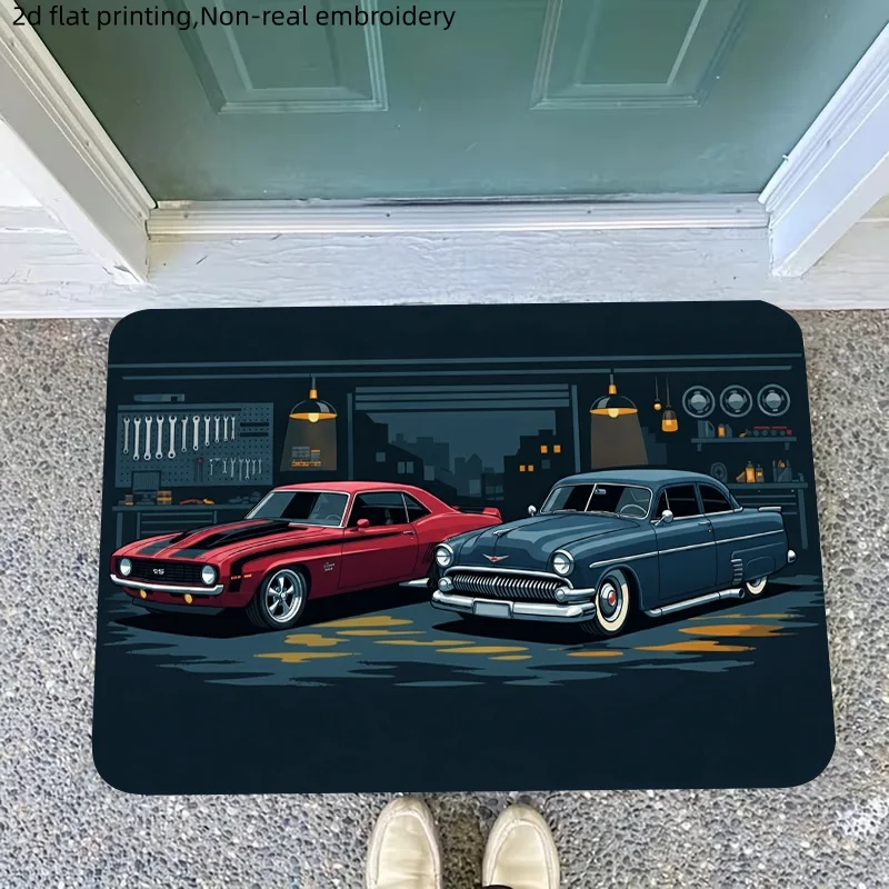 Vintage Car Garage Scene Doormat Retro American Muscle Cars Man Cave Bathroom Mat