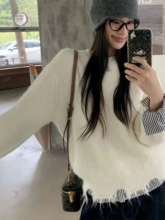 

Korean Design round Ne Fringed Sweater Women's Base irt Asymmetrical Splicing Casual Sle Mid-Length Long Sve Knitwear