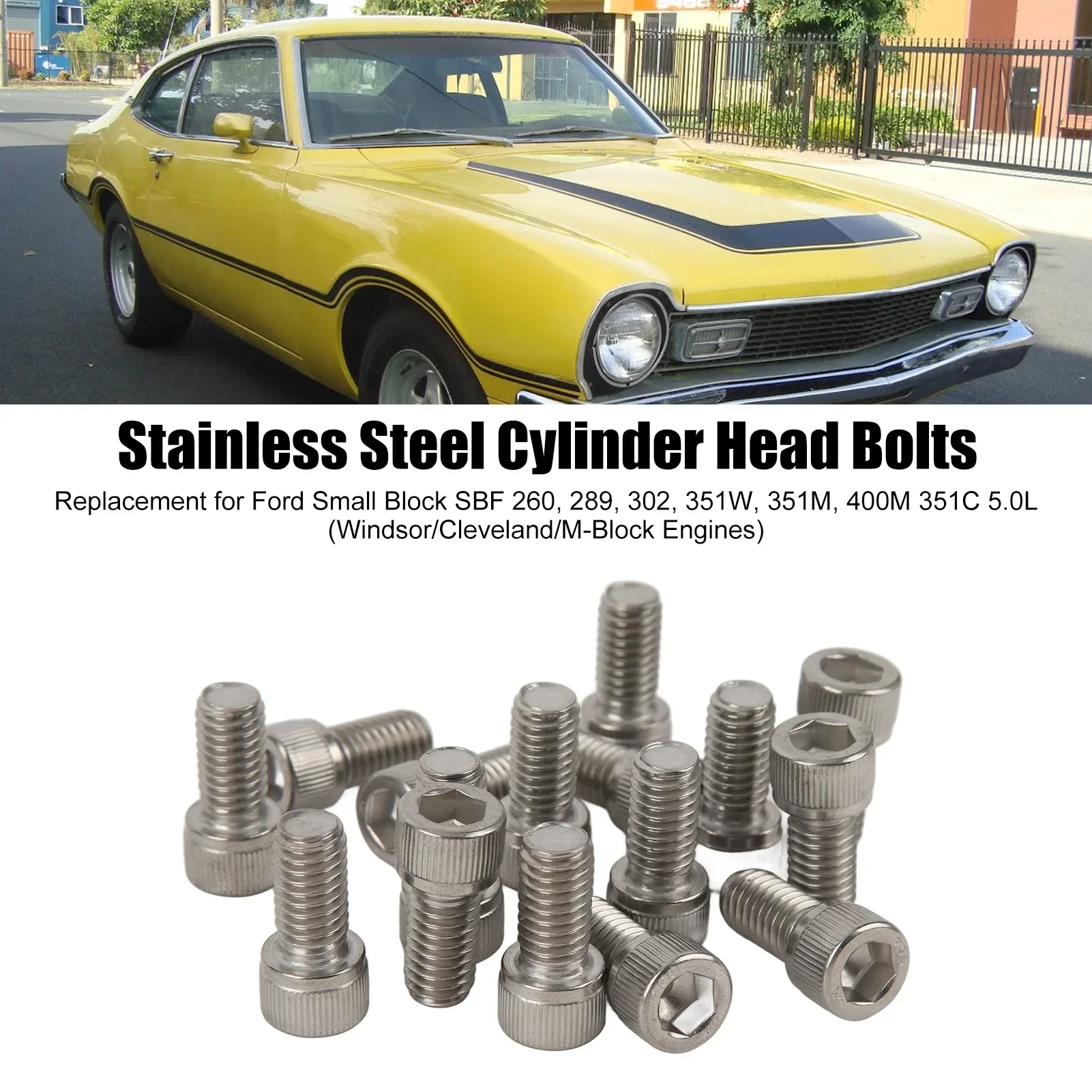 16PCS Stainless Steel Cylinder Head Bolts Kit Replacement For Ford Small Block SBF 260 289 302 351W 351M 400M 351C