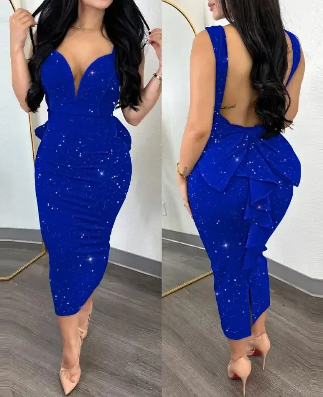 

Dresses Women Sexy Night Out Plunge Glitter Ruffle Hem Backless Sleeveless Fashion Bodycon Party Dress 2024 Summre Vestidos