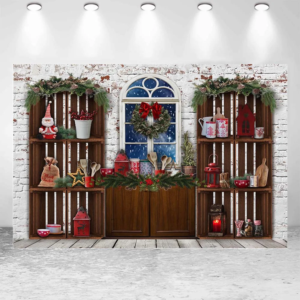 Mocsicka Christmas Backdrop Cupboard White Brick Wall Kitchen Family Cooking Party Decor Kids Portrait Background Photocall Prop