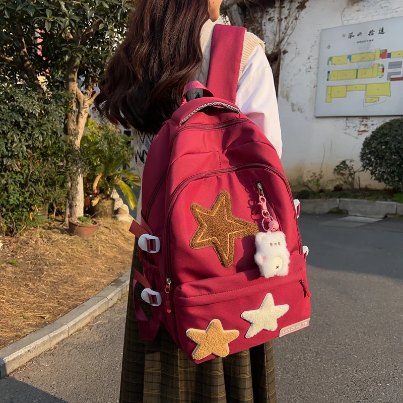 Kawaii Solid Color Cute Aesthetic Rucksack Lightweight with Cute Accessories Pendant Back To College Supplies