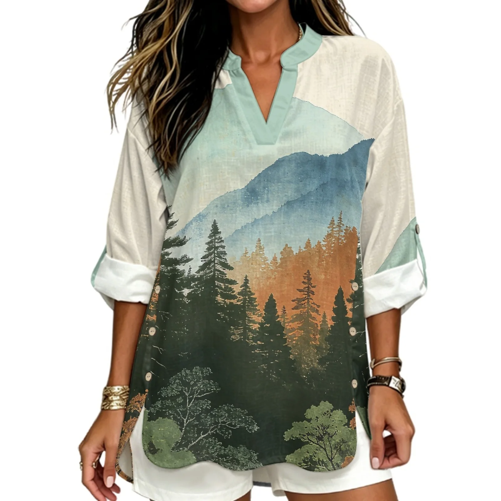 INSTANTARTS Women's Linen V-Neck Shirt Women's T-Shirts and Polos Cheap Clothes Traf  2026 Femme Roupas Feminina Breathable