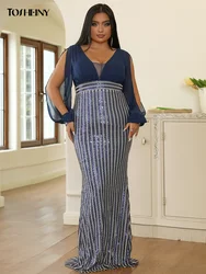 Tosheiny Plus Size Long Dress Women Summer A-Line Chiffon Sleeve Sequin Blue Evening Dress Formal Occasion Dresses