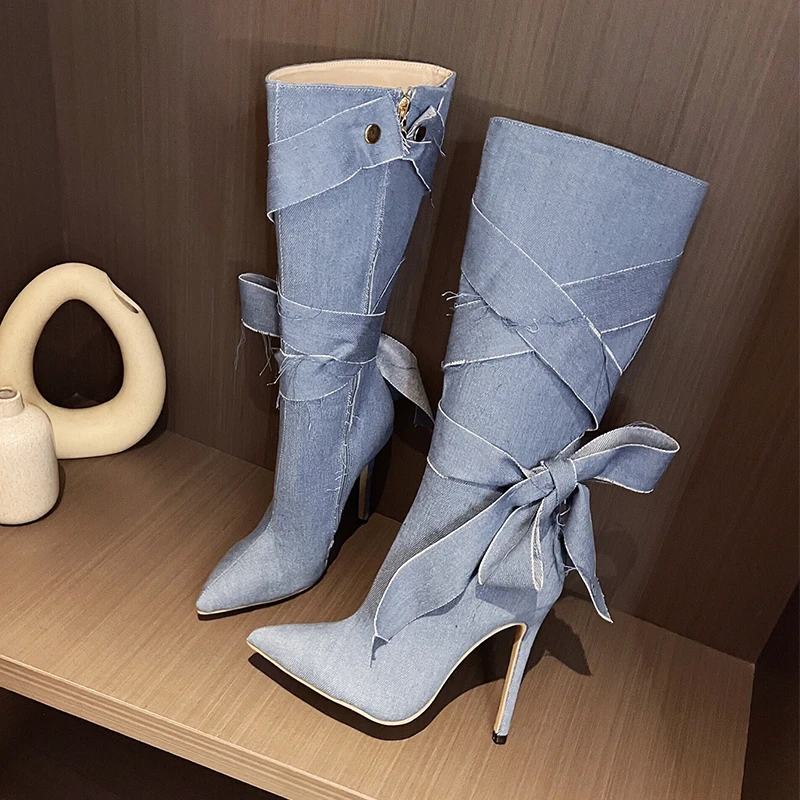 

ZOOKERLIN High Heels Long Boots For Women Long Tube Winter Boots Shoes For Women Botas Mujer Stiletto Pointed Denim Boot Bow Tie