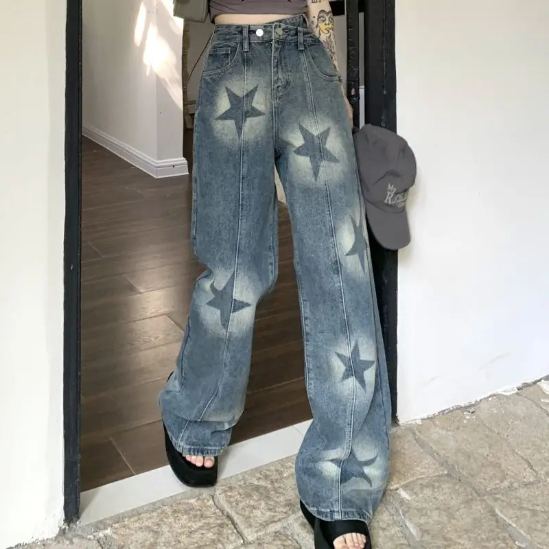 

Vintage Five Pointed Star Printed Denim Pants Women High Waist Casual Loose Wide Leg Jeans s655