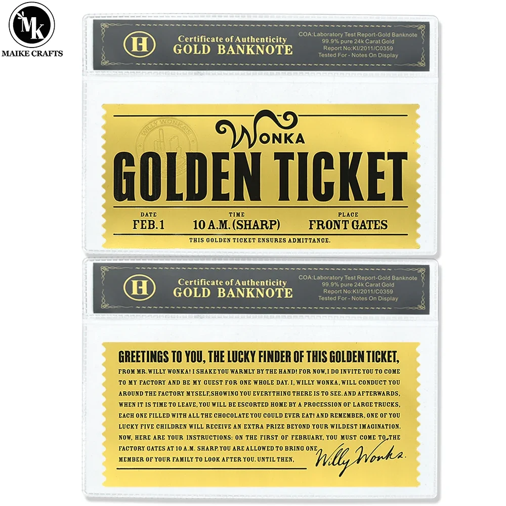 Wonka Golden Ticket Charlie Chocolate Factory Tarjeta de plástico de lámina dorada Colección de arte Regalo conmemorativo