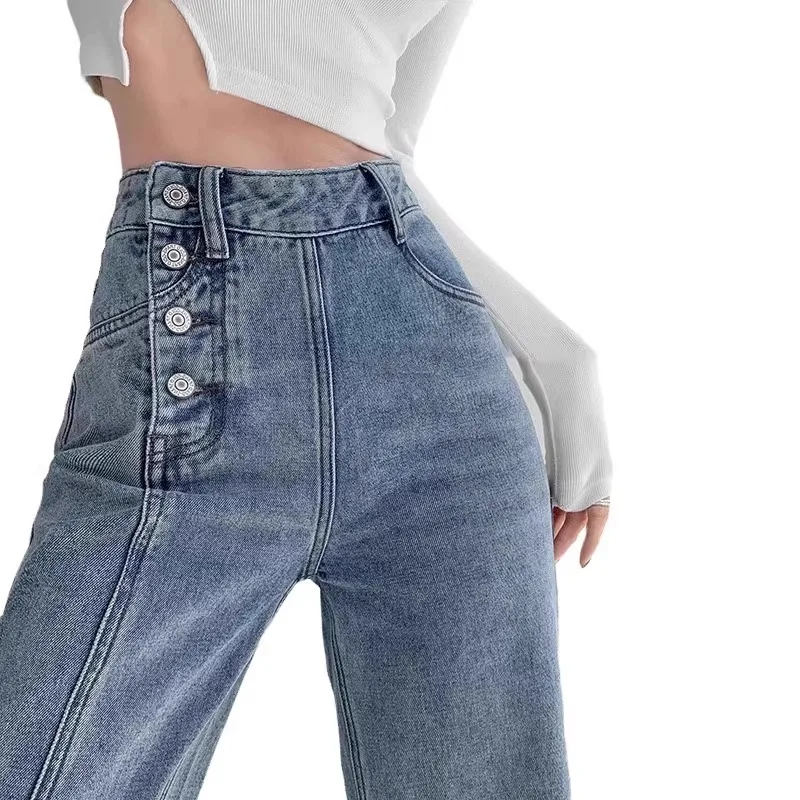 ハイウエスト ジーンズ レディース ルーズフィット ストレート レッグ パンツ ドレープ ワイドレッグ デニム パンツ