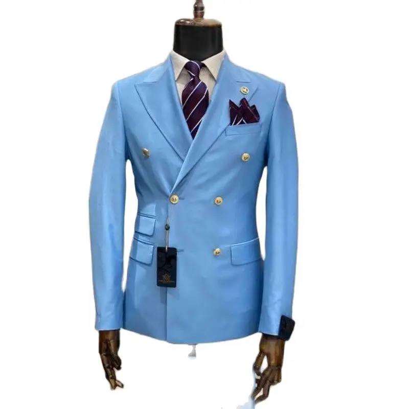 

Light Blue Red Green Men Suits Double Breasted Costume Homme Slim Fit Wedding Tuxedos Groom Business Party Prom Best Man Blazer