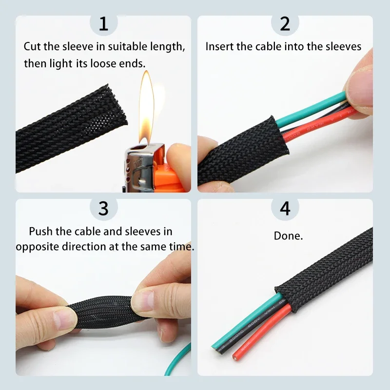 1/5/10M PET Expandable Cable Sleeve 2mm ~ 60mm Tight Braided High Density Insulated Line Protection Wire Wrap Sheath Black Red