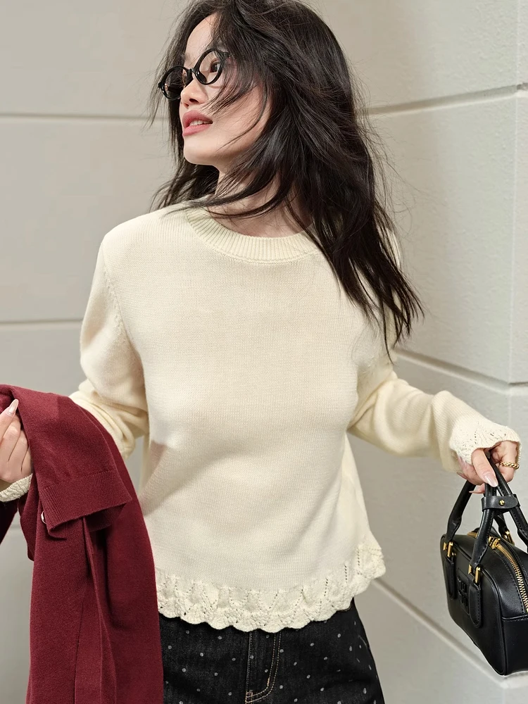 Red Knitted Fake Two-Piece Sweater Women's Spring Autumn New Sle Bla Hollow Lace Inner Wear Slimming Base irt Top