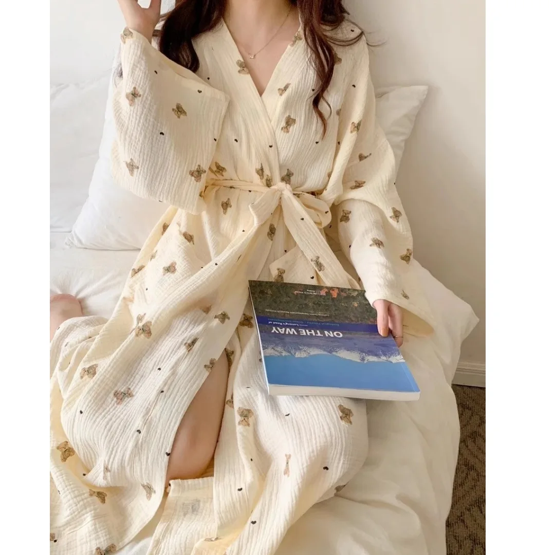 Spring/Autumn New Arrival: Instagram-Inspired Cute Bathrobe with Cartoon Print, Long Sleeves, Relaxed Princess Style Loungewear