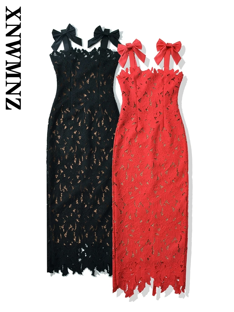 

XNWMNZ 2025 Autumn New Woman Glamorous Sleeveless Top Slip dress Sophisticated Spring Female Lace Dresses Regular Fit Midi Skirt