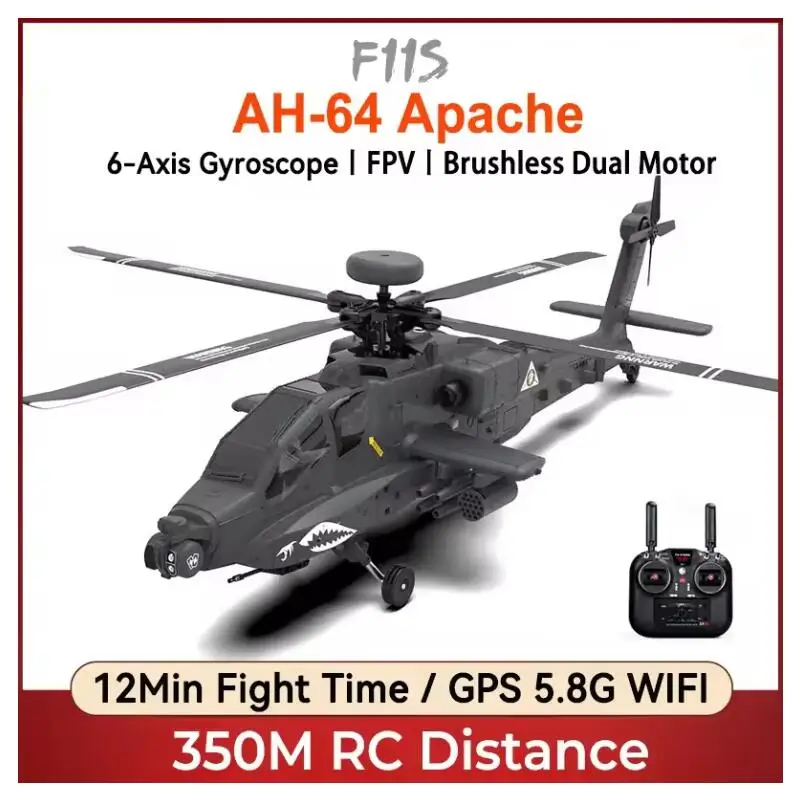 ​YXZNRC F11S RC Helicopter 1:32 AH-64D Apache 2.4G 6-Axis Gyro 9CH GPS Optical Flow Positioning 5.8G FPV Camera Flybarless RTF