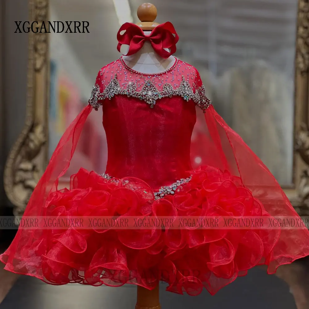 Luxury Flower Girl Dresses 2026 Crystal Cape Ruffle Glitz Baby Kid Fun Fashion Runway Birthday Cocktail Party Gown Formal Gown