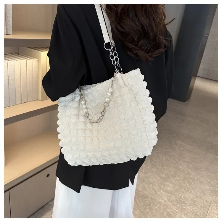 Damen Gesteppte Karierte Wolken-Baumwolltasche, Plissierte Unterarm-Hobo-Shopper-Umhängetasche für den Täglichen Gebrauch – Detail 6