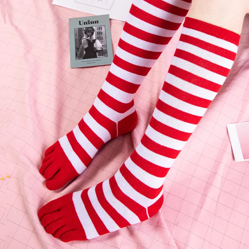 4 Pairs Toe Socks Long Women Girl Cotton Striped Rainbow Stockings Endurable Elastic Young Fashion  Leg Pile Calf 5 Finger Socks