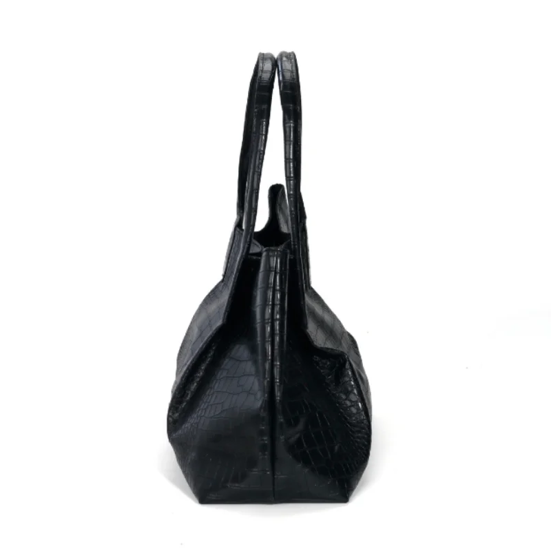 Krokodil-Textur Weiche PU-Tragetasche, Schwarze Minimalistische Damenhandtasche, Magnetverschluss, Einfarbige Vielseitige Schultertasche – Detail 4