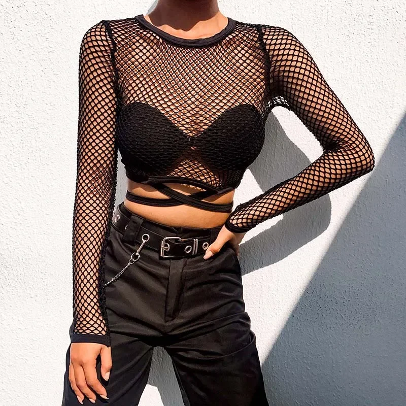 Sexy neue Mesh Goth Langarm T-Shirt Frauen hohle durchsichtige Netz Netz oberteile Sommer Freizeit hemd Streetwear Damen bekleidung