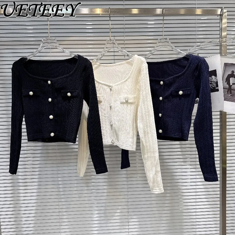 

Autumn Winter New Fashionable Low Round Neck Pearl Button Cardigan Versatile Ladies Long Sleeve Base Short Knitted Sweater