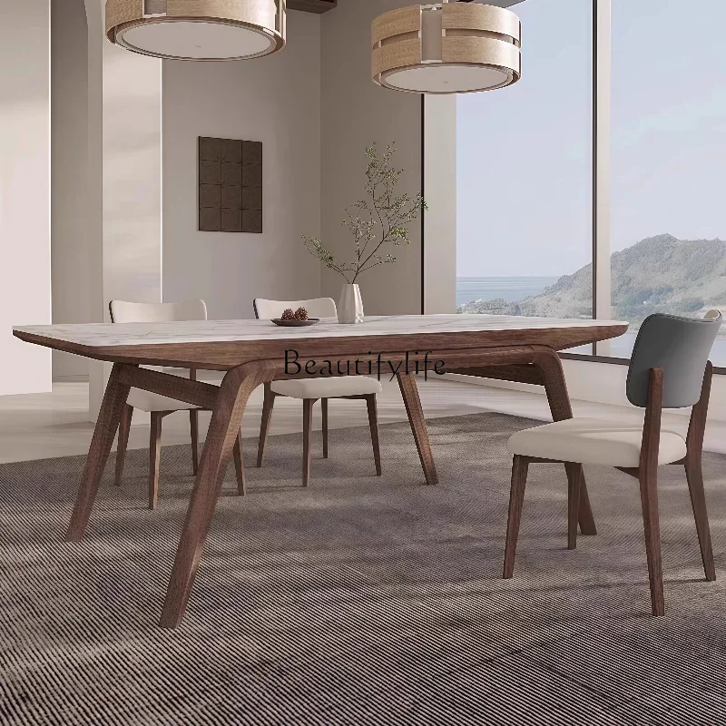 2Solid wood rock slab dining table Modern simple imported ash wood Solid wood legs Matte white rock slab