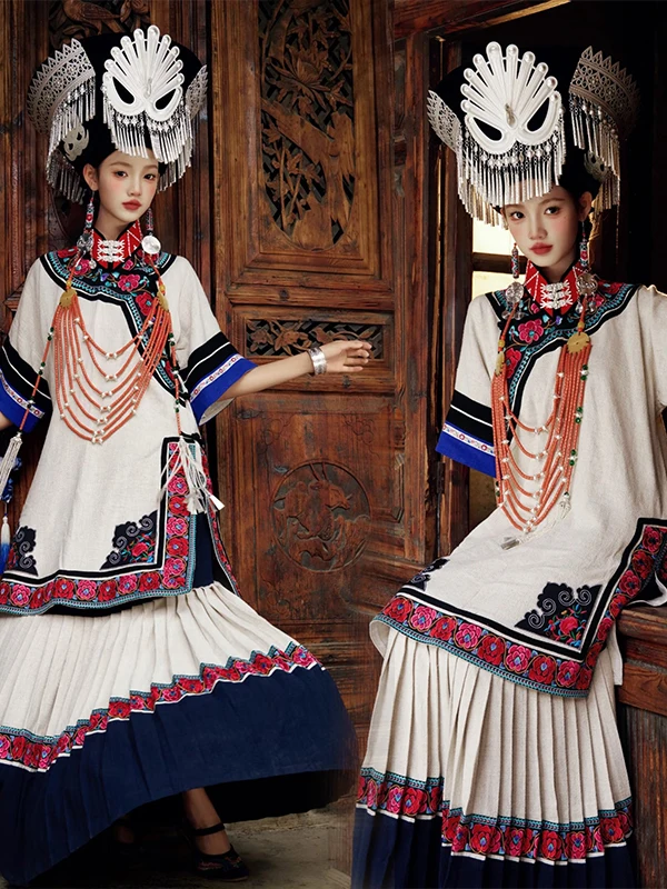 

New Arrival Studio Ethnic Minority National Style Women's Set Vintage Blue Stage Costume Traditional Hanfu Dress