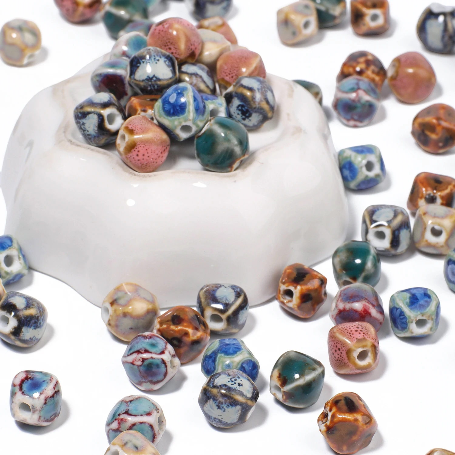 10mm Irregular Polyhedral Shape Ceramic Beads Colorful Gradient Color Floral Glazed Porcelain Beads for DIY Pendant Necklace