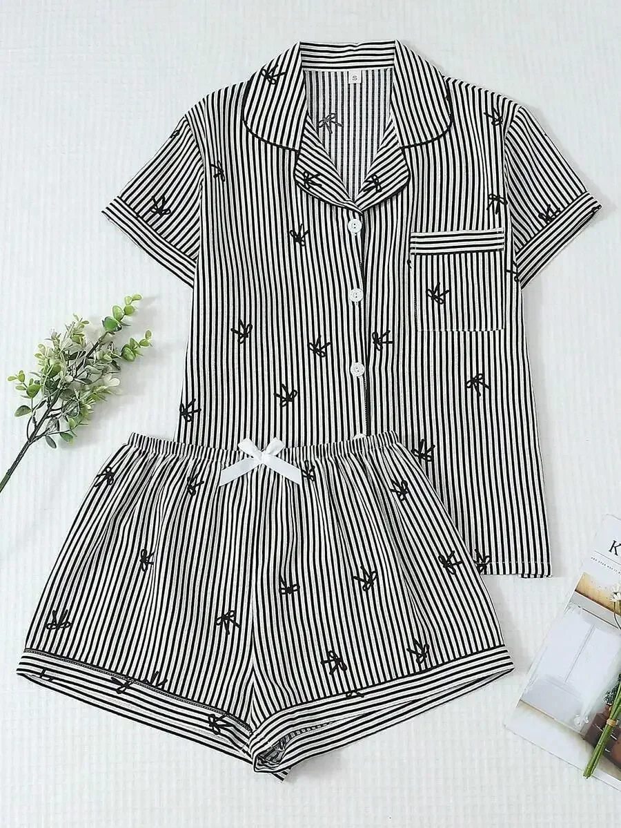 

Black And White Striped Bow Print Women Pajama Set Lapel Button Short Sleeve Top With Pocket Matching Shorts