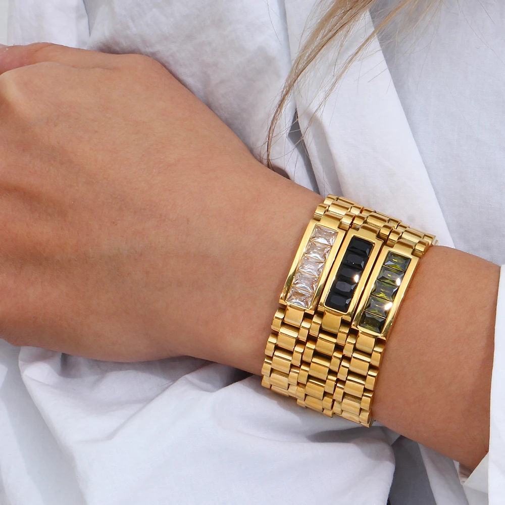 2023 Oringinal Design Green Black White 3A Zircon Paved Watchband Wrist Bracelets For Women Stainless Steel Gold Plated Bangles