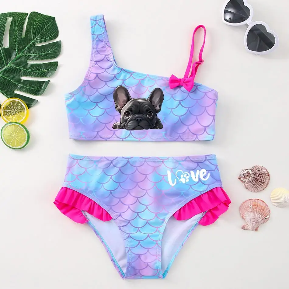 French Bulldog Love Paw Cow Girls Bikini Swimsuit Kids Wear Fish Children's Dresses Swimwear Beach Two-Pieces Bathing Suits