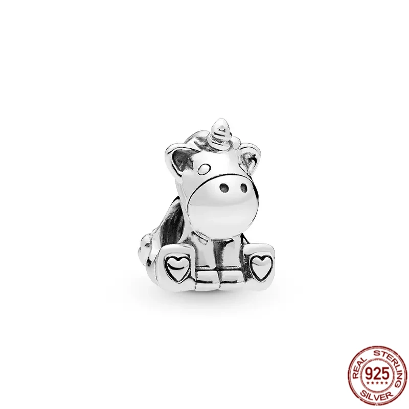 Abalorio de plata de ley 925, accesorio de arcoíris colorido, Bruno el unicornio, compatible con pulsera Pandora Original, regalo de joyería, novedad