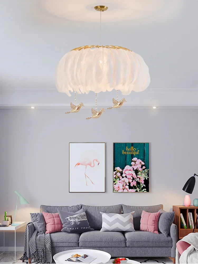 Modern Firefly Feather Chandelier Nordic Light Luxury Warm Romantic  Princess Living Room Wedding Room Bedroom Lamp