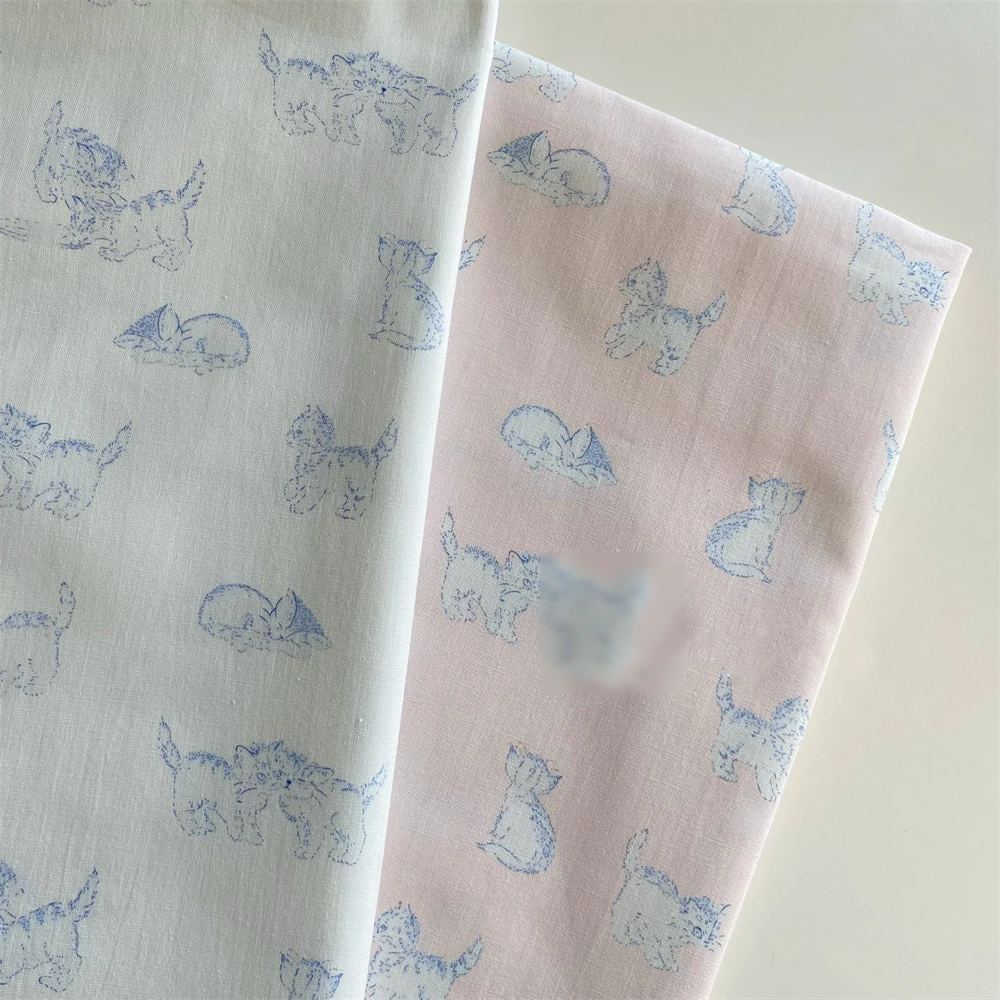 Cartoon Printed Kitten Headscarf Fabric Headband Pajamas 40 Count Pure Cotton Blue White Fabric Handmade DIY Sewing Fabric