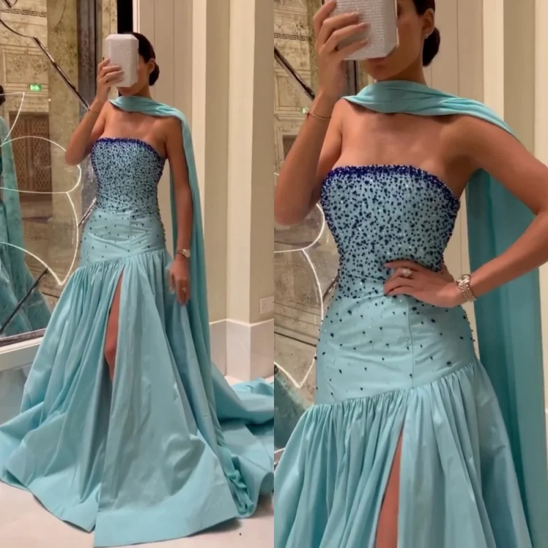 Indie Strapless Prom Dresses A-Line Plus size Formal Dress Sleeveless Evening Gown Beading Open Leg Party Gowns customized 2025 image 2