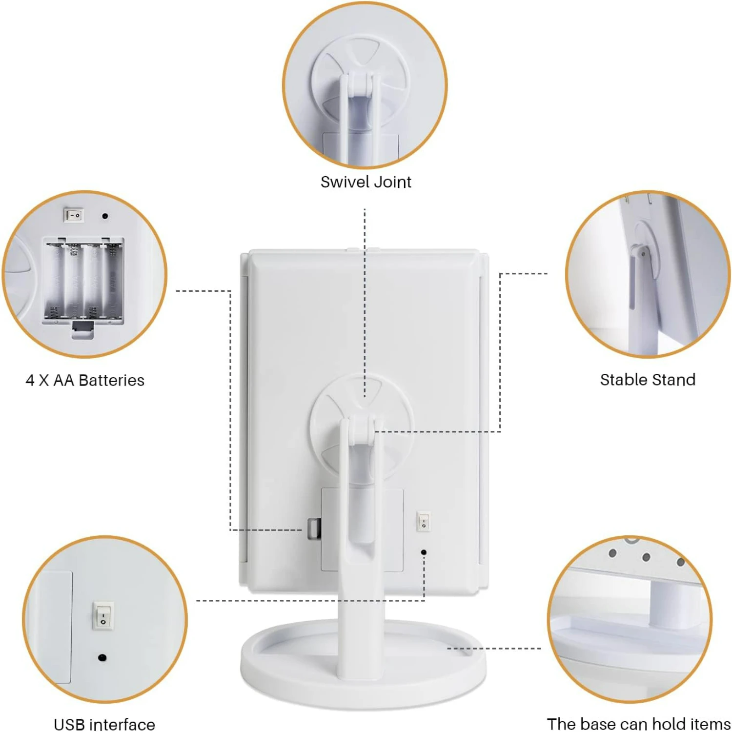 Espelho de vaidade dobrável portátil para viagem com luzes LED, alimentação dupla, controle de toque, ampliação 1X/2X/3X, lente pequena 10x - dobrável