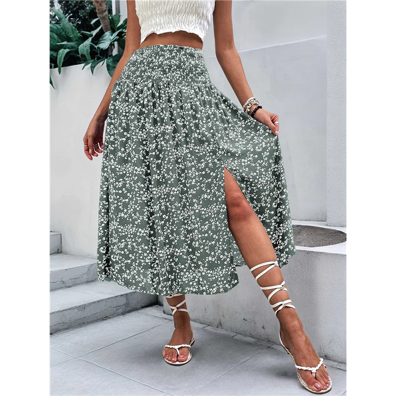 ABRT-Faldas longas estampadas femininas cintura alta divididas uma linha saia maxi de comprimento total