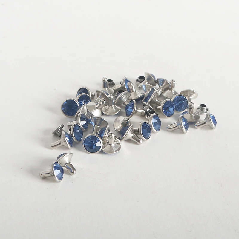 100Sets 8mm Light Blue Crystal Rhinestone Rivets Metal Base Studs For Clothing Bag Leathercraft Rivet