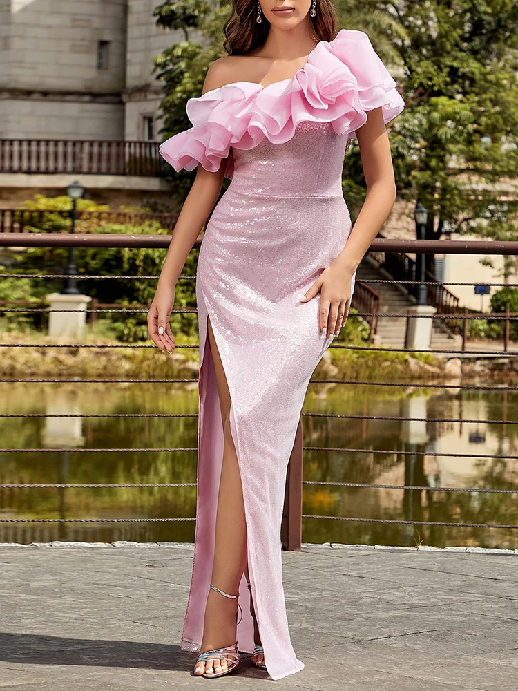 

Sexy One Shoulder Maxi Sequins Dresses for Women Elegant Summer Sleeveless Ruffles Bodycon Celebrity Evening Party Dress Club