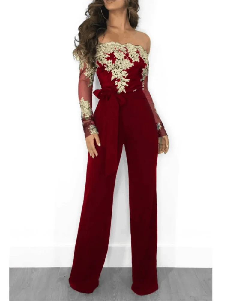 

Work Women Jumpsuit Slash Neck Long Sleeve Off Shoulder Lace Patchwork Wide Leg Pants Jumpsuits Elegant Office Ladies Jumpsuits