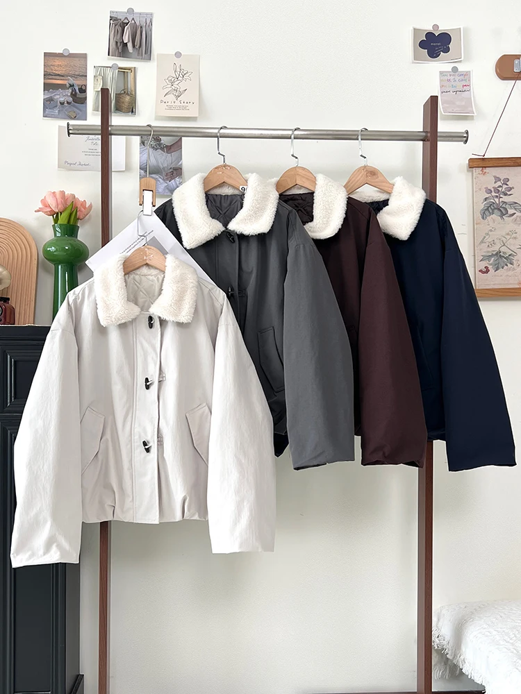 

Корейская повседневная женская хлопковая куртка, модная утепленная куртка с отложным воротником, свободная теплая верхняя одежда, шикарное утепленное пальто на пуговицах в стиле ретро