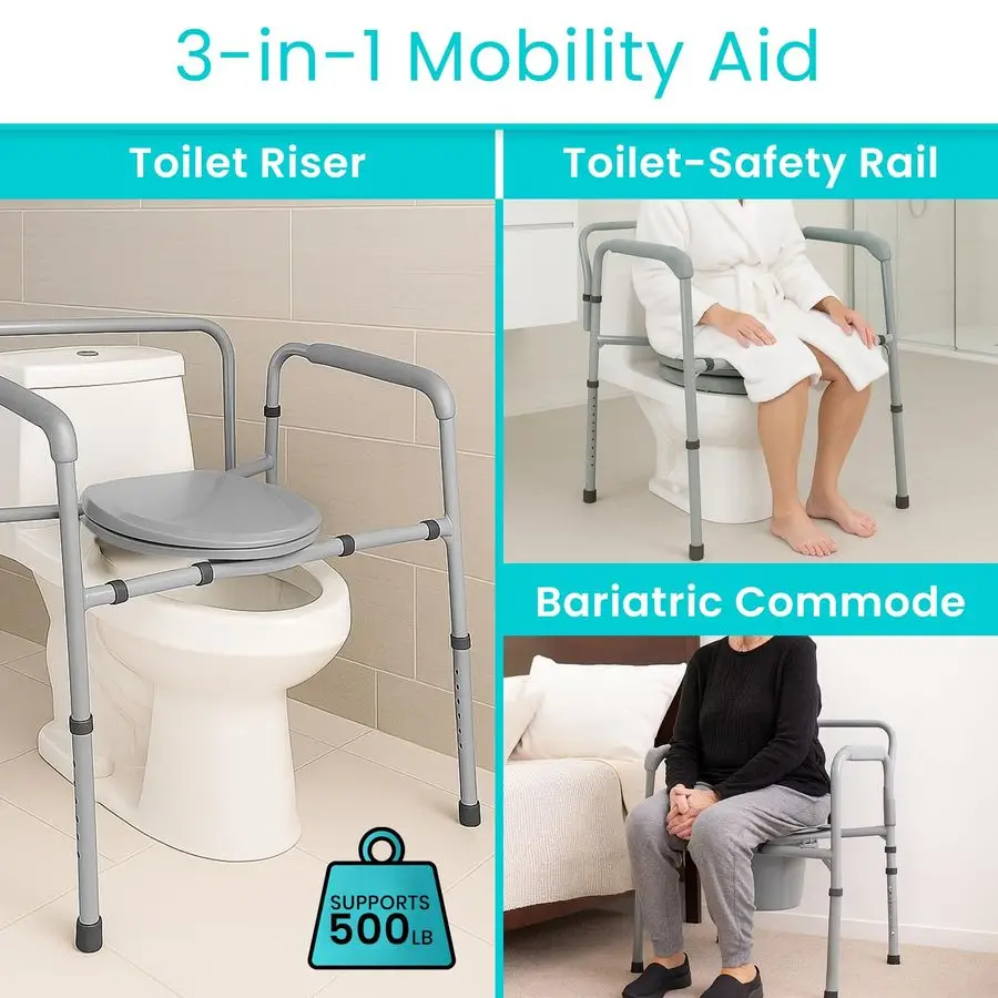 Bariatric Bedside 3in1 Commode 500 lb Capacity Portable Folding Toilet Chair Adjustable Height, Extra Wide Seat Bucket Splash Gu