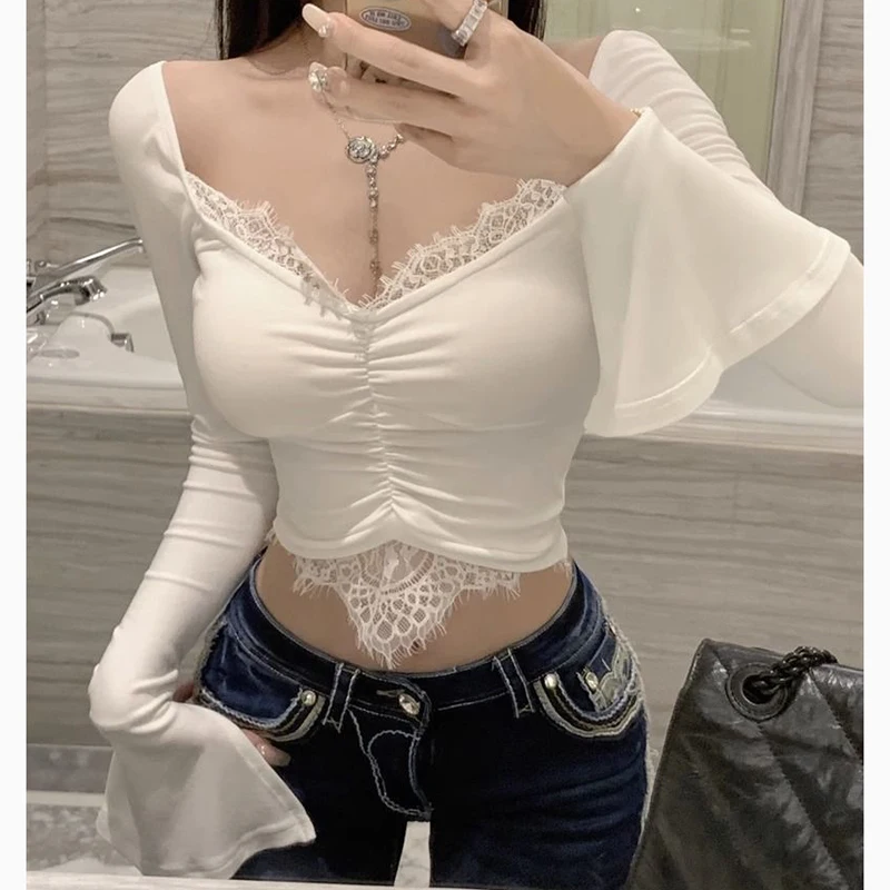 Women Sexy T Shirt Korean Lace Patchwork Solid Slim Female Crop Tops Summer Fashion All Match Chic Flare Long Sleeve Ladies Top