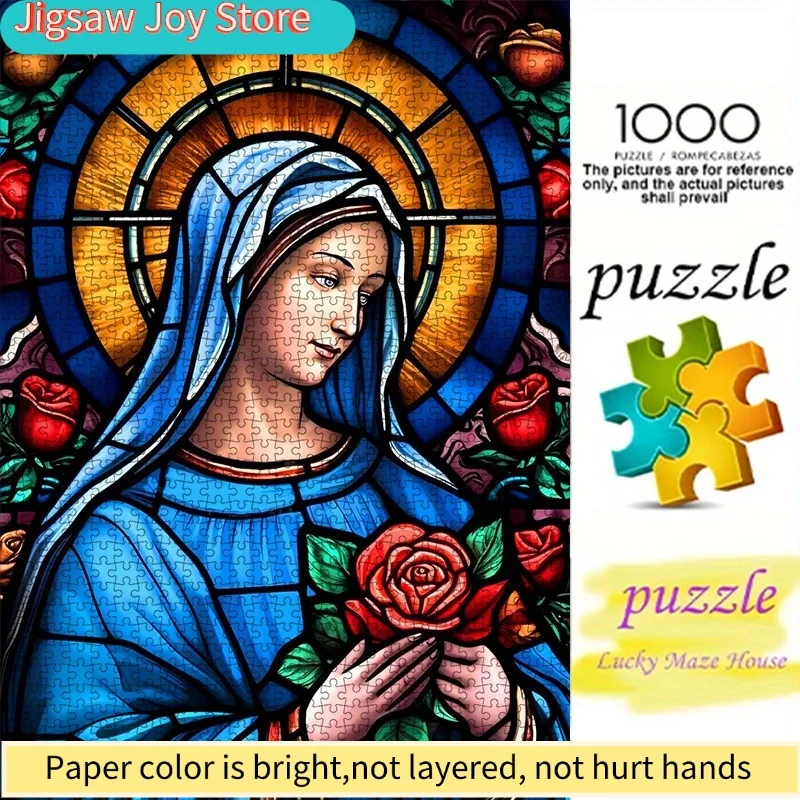 

DIY Virgin Mary & Rose Stained Glass Jigsaw Puzzle - High-Quality Cardboard, Colorful Religious Artwork for Home Decor, Perfe