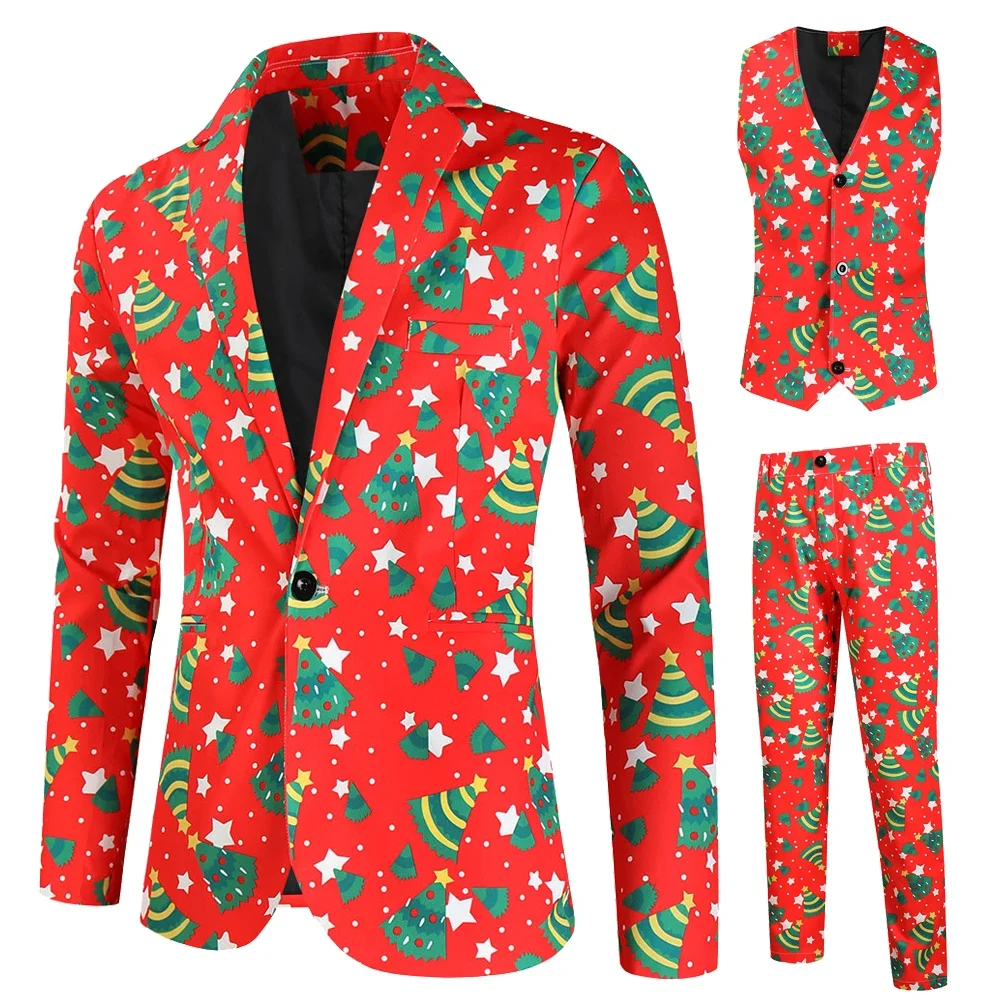 Fashion Christmas Prom Party Stage Costumes Men 3 Piece Sets Suit Jacket + Vest + Trousers Plus Size Xmas Printed Mens Clothing