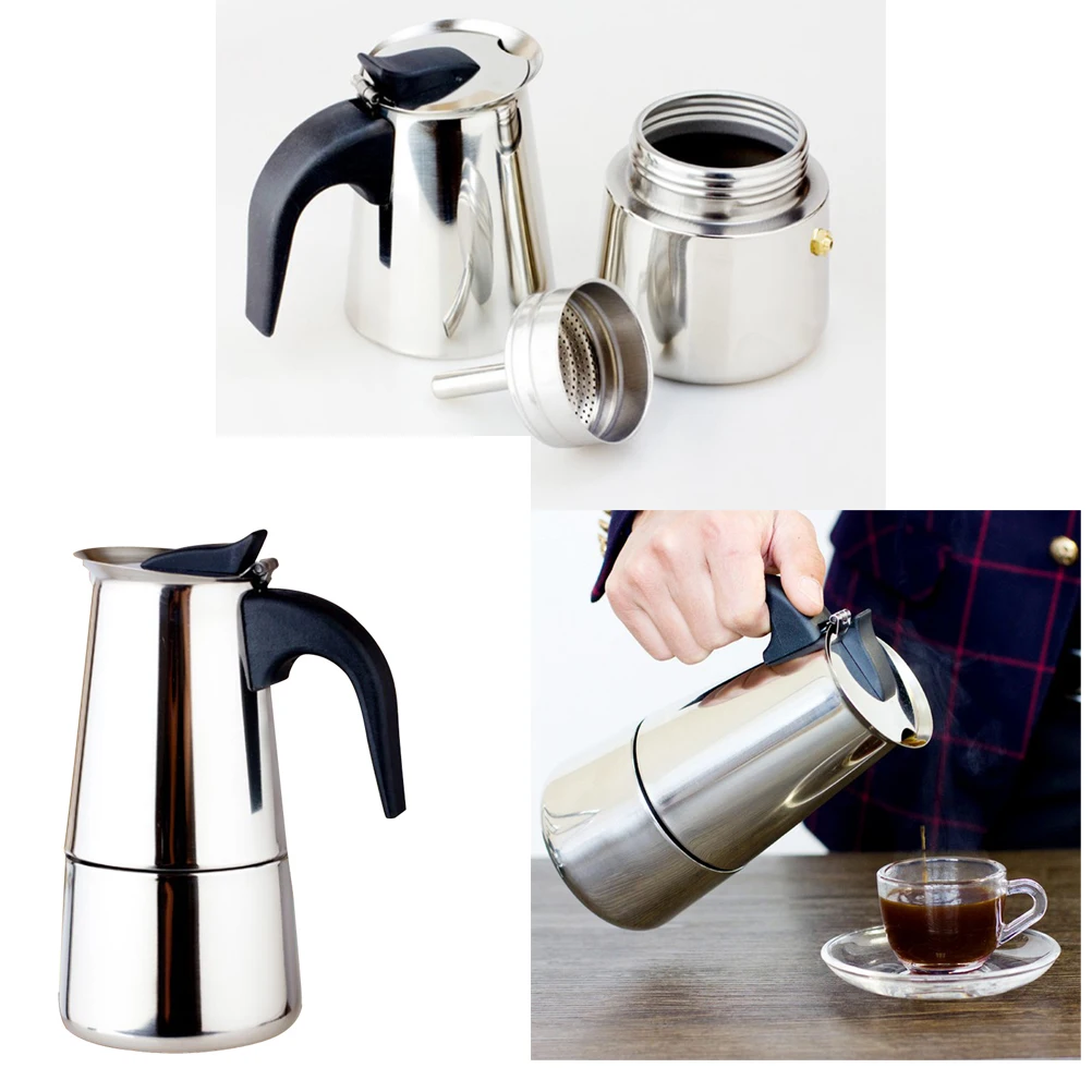 

Stainless Steel Coffee Maker Mocha Espresso Latte Stovetop Filter Coffee Pot Tools Easy Clean for Home Office (200ML)