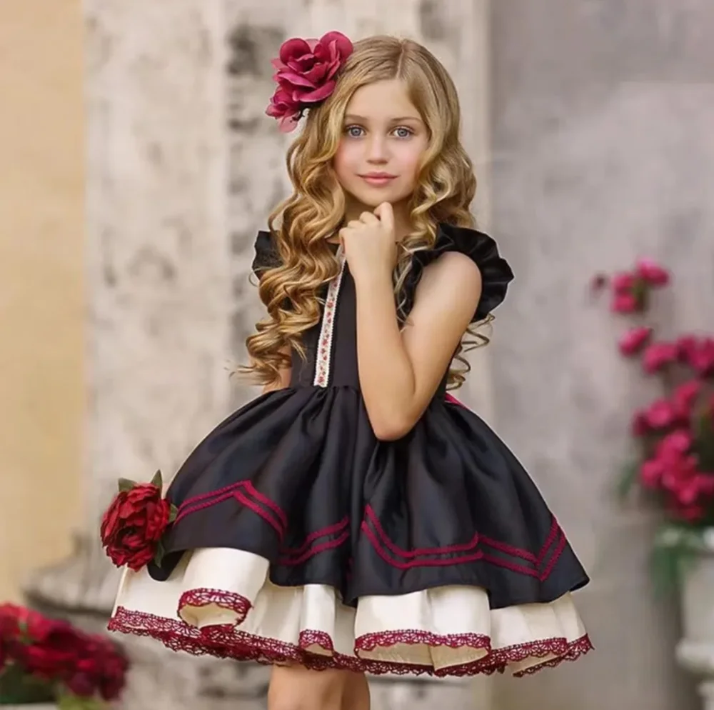 

0-12Y Baby Girl Summer Black Embroidery Turkish Vintage Lolita Princess Ball Gown Dress for Birthday Holiday Casual Eid