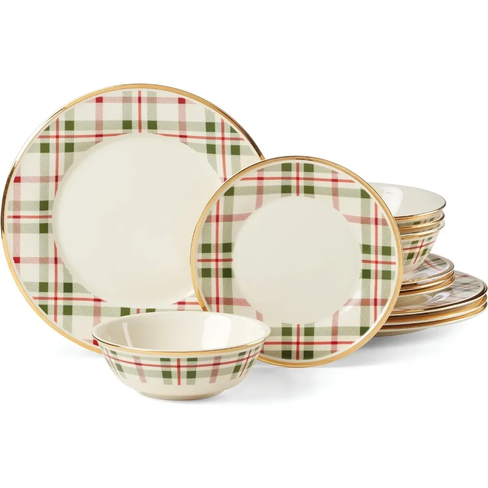 

Holiday Plaid Dinner Plate Christmas Gift Set 4 Piece Set Table Decorations Utensils for Kitchen Robots Ceramic and Pottery Bar