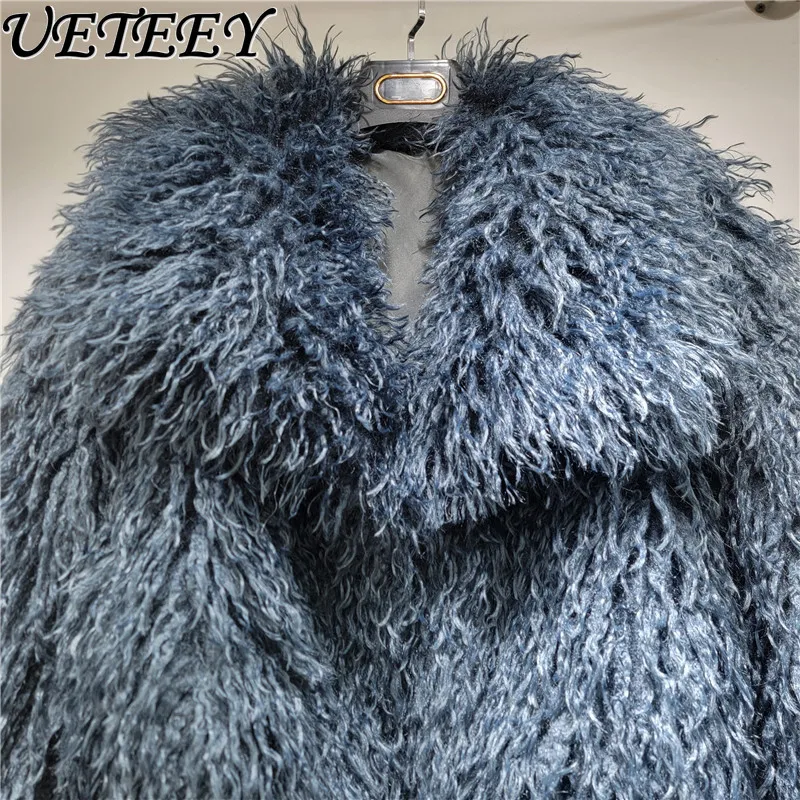 

Turn-Down Collar Faux Fur Coat for Women Short Warm Youthful Fashionable Versatile Solid Color Long Sleeve Furry Jacket